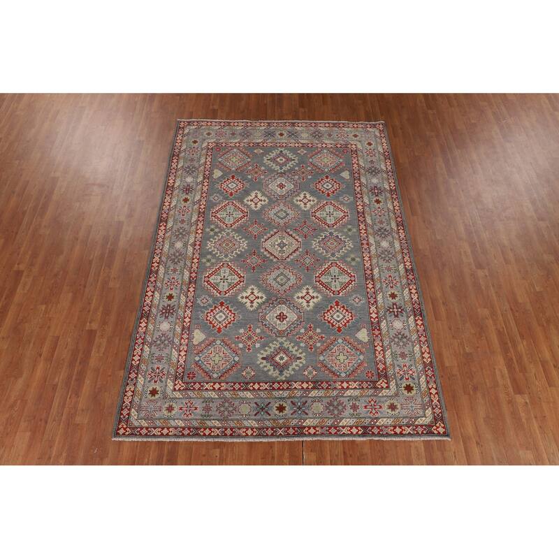 Oriental Geometric Kazak Area Rug Hand-Knotted Wool Carpet - 6'10" x 9'11"