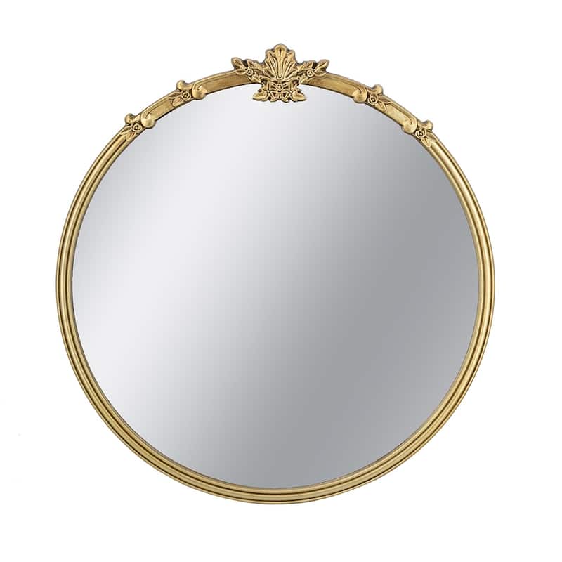 30" x 31" Round Wall Mirror With Gold Finish And Decorative Leaf Crest