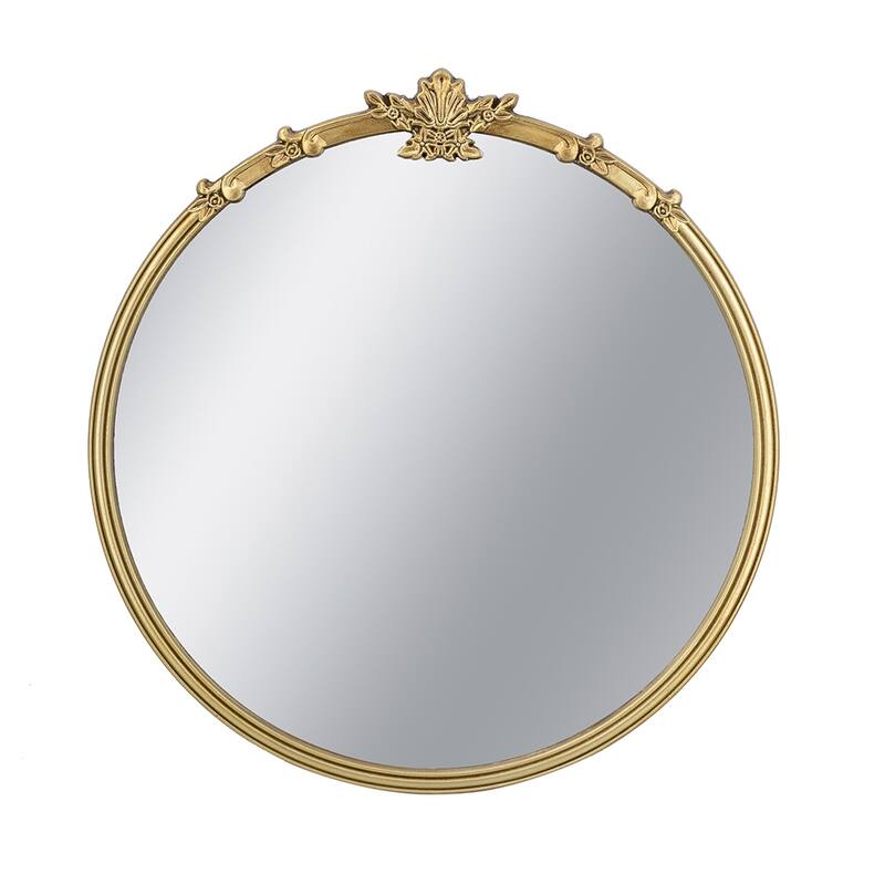 30x31" Round Wall Mirror With Gold Finish And Decorative Leaf Crest