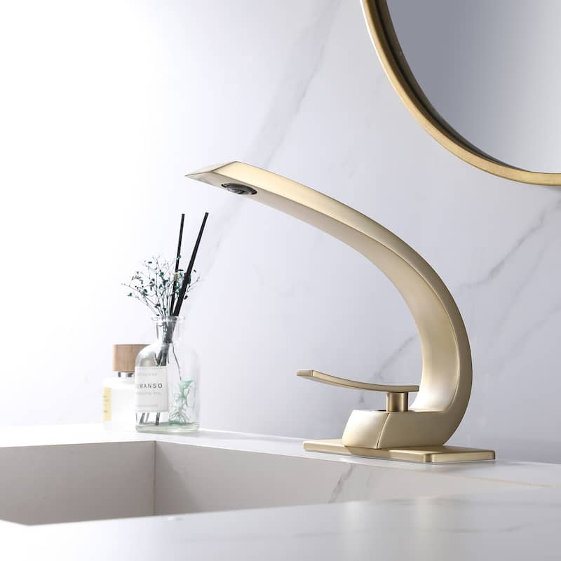 Single Handle Bathroom Faucet with Pop-up Drain Brass 1 Hole Modern Bathroom Sink Vanity Faucets with Deck Plate - Brushed Gold