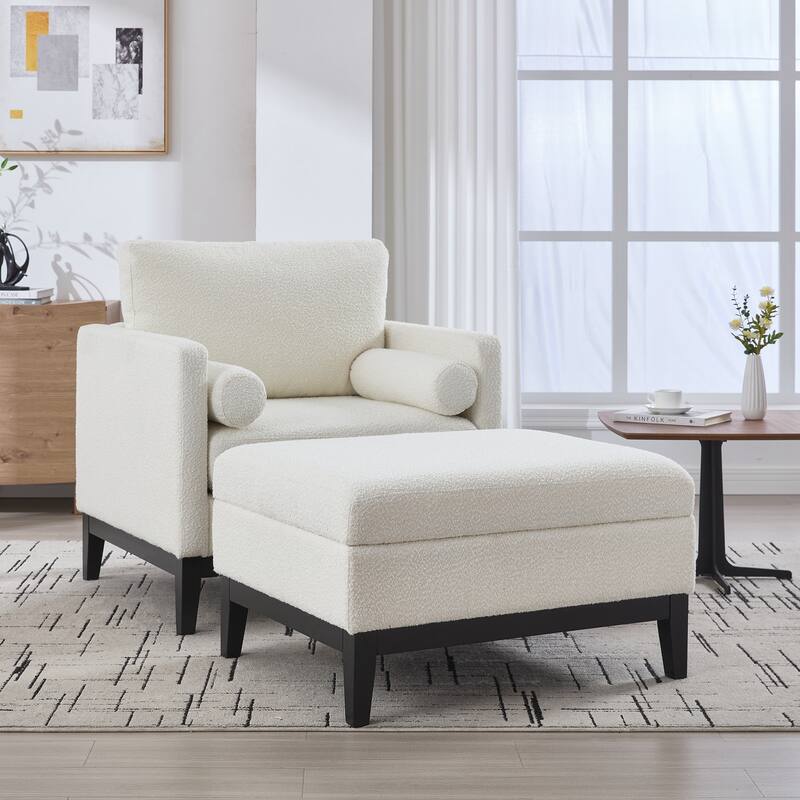 Upholstered Wood Base Square Accent Arm Chair with Ottoman