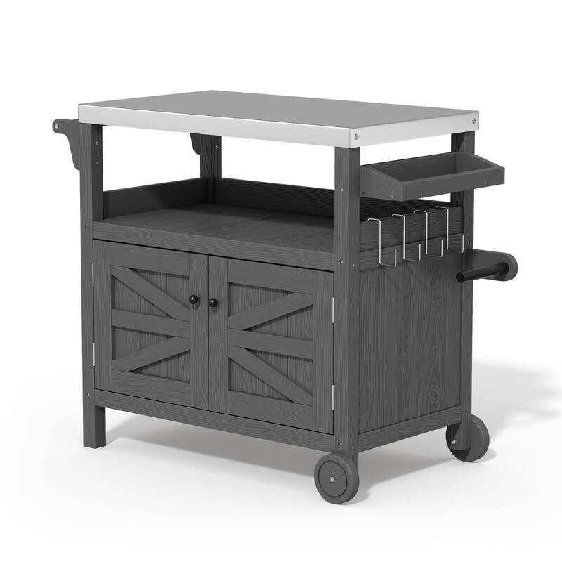 Outdoor Kitchen Cart with Stainless Steel Top, HDPE Patio Serving Cart with Storage