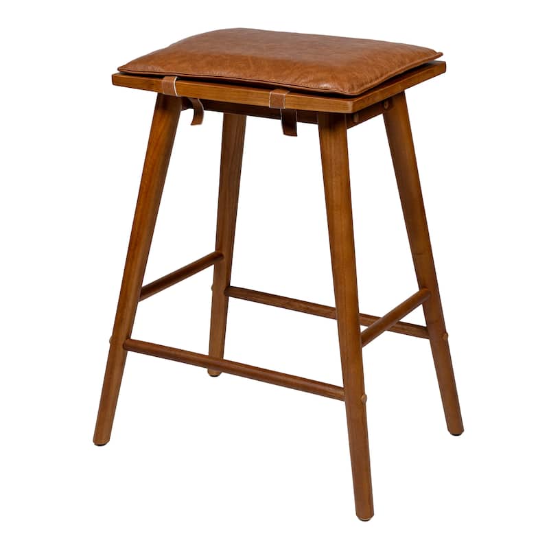 Saddle-Seat Backless Stool, Wood & Vegan Leather w/ Removable Cushion - JONATHAN Y