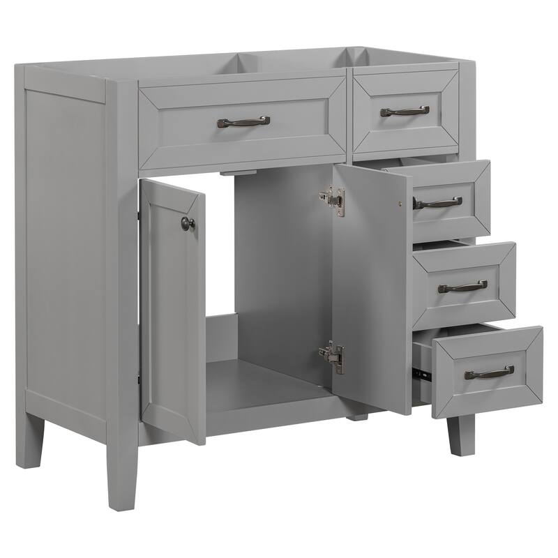 36" Modern White Bathroom Vanity Cabinet Base, 2 Doors & 3 Drawers, Solid Rubber Wood & MDF