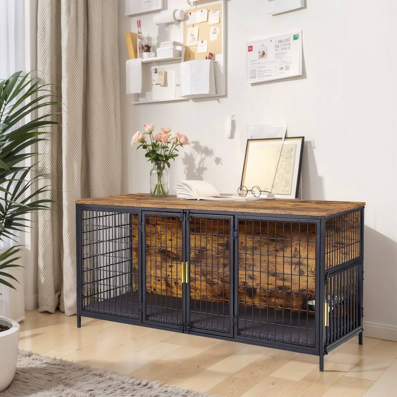 Javlergo Lockable Dual-Door Dog Crate with Dual Doors & Side Entry Includes 2 Aluminum Bowls for Indoor Outdoor Use - brown