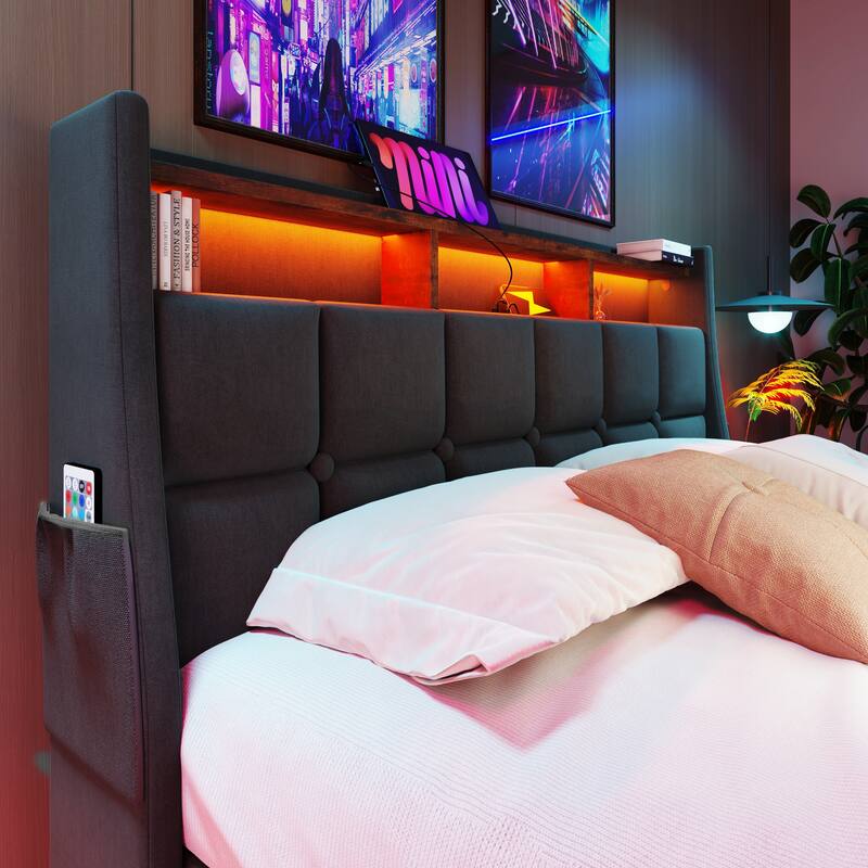 Grey Full Size Upholstered Platform Bed with Hydraulic Storage System, LED and USB Charging