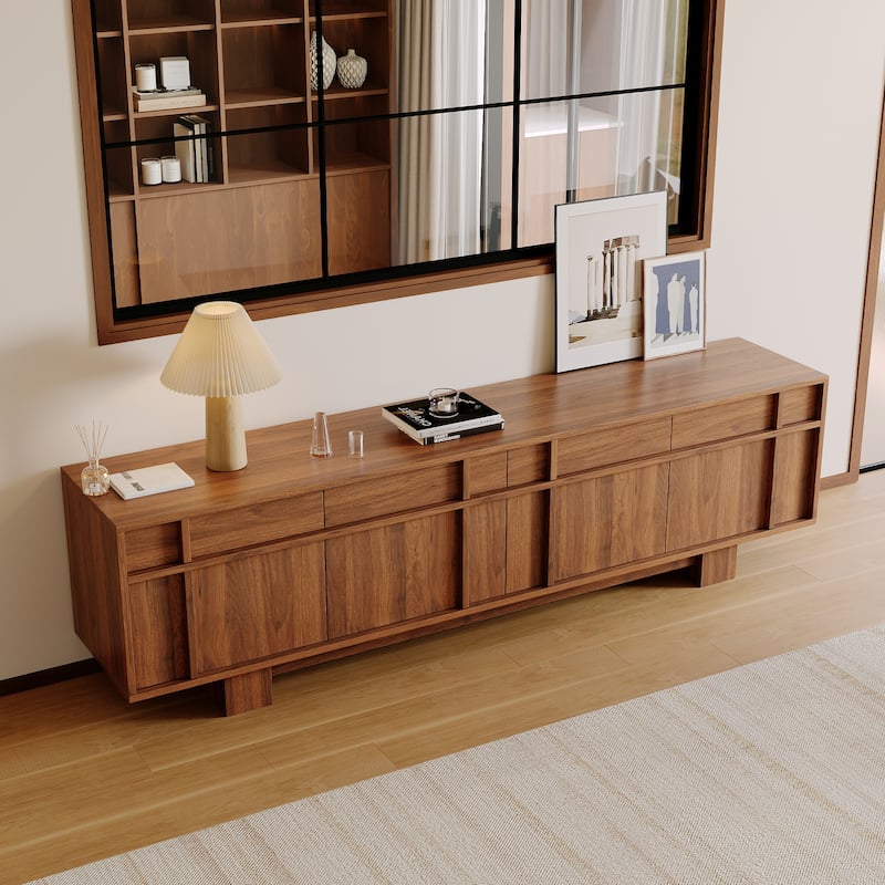 70.87" Mid Century TV Stands, Brown Wood Texture with ample Storages