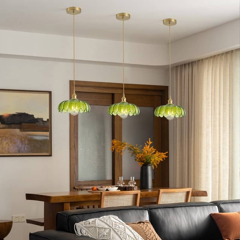 Modern 1-Light Pendant with Light Green Tinted Glass Shade and Electroplated Brass Finish