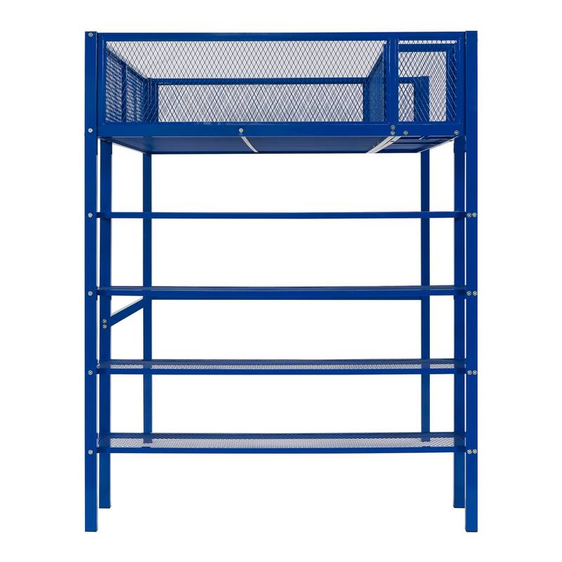 Metal Loft Bed with 4-Tier Shelves and Storage