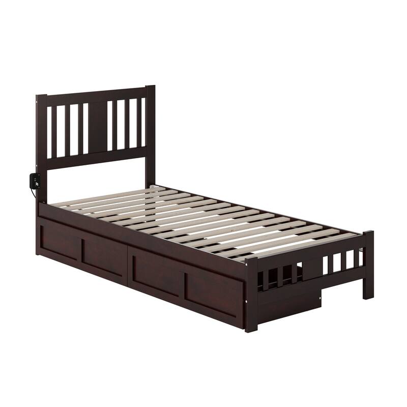Beauty Twin Bed with Footboard & Drawers - Espresso Solid Wood, No Foundation Needed, Turbo Charger Included