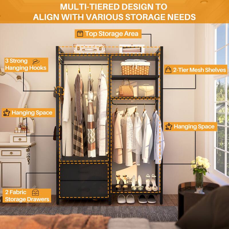 Garment Rack Heavy Duty Clothes Rack Free Standing Closet Organizer with Shelves and 2 hanging Rods