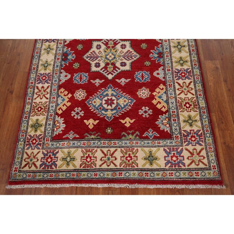 Red Geometric Kazak Accent Rug Handmade Traditional Wool Carpet - 3'5" x 5'0"