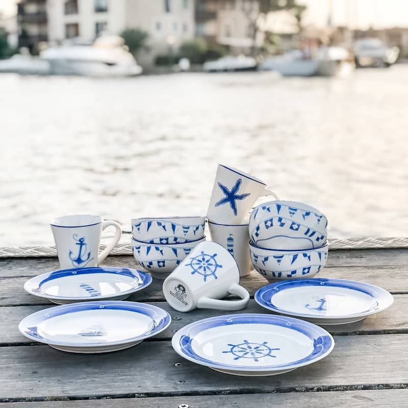 Euro Ceramica Ahoy Collection Blue/White Ceramic 12 Piece Nautical Dessert Set - 12 Piece
