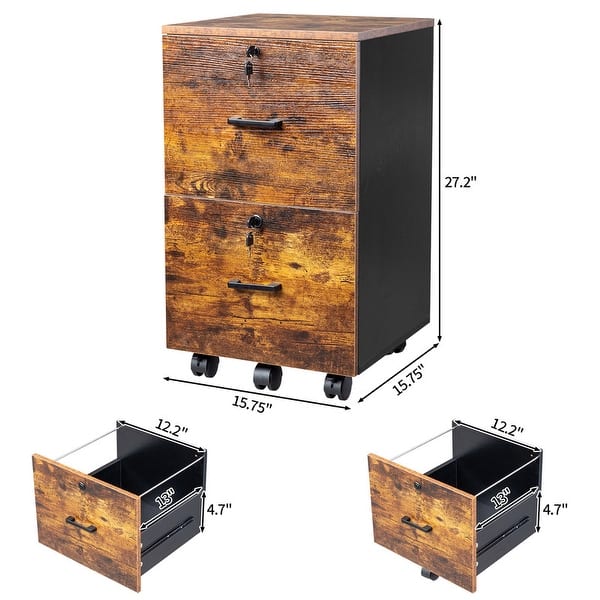 dimension image slide 3 of 5, 2-Drawer Rolling Wood File Cabinet with Lock