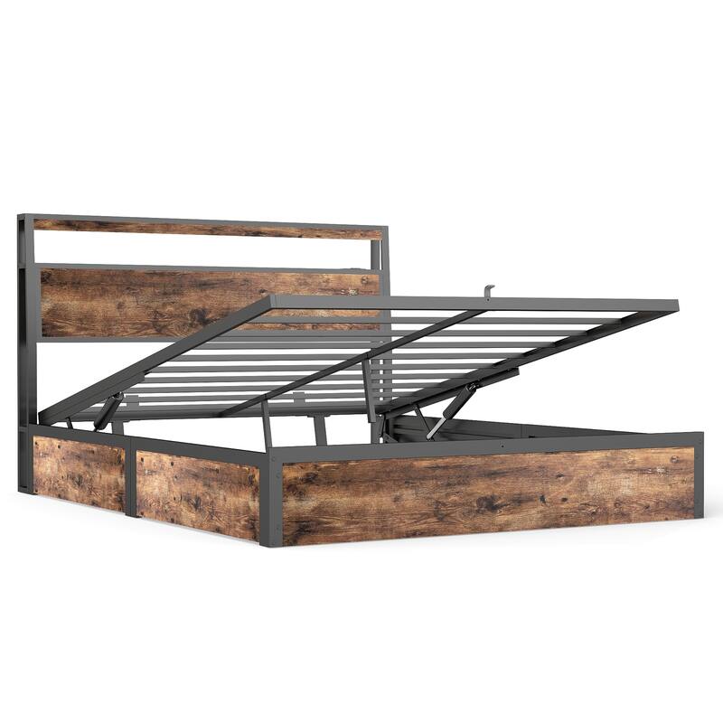 Rustic Brown Platform Bed Hydraulic Lift Storage Bed Frame, RGB LED Headboard with Charging Station, No Box Spring Needed