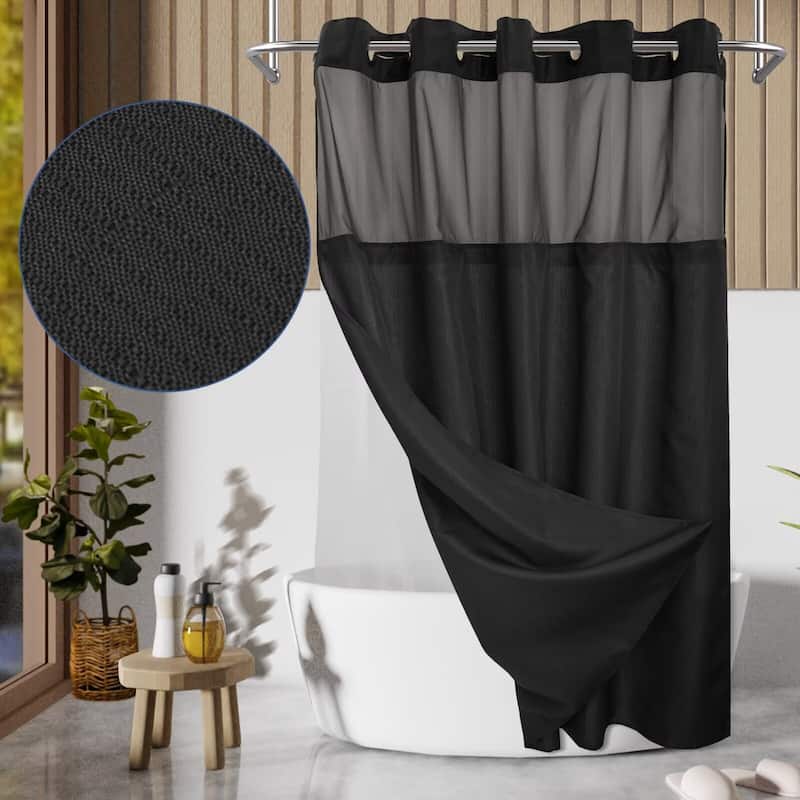 No Hook Slub Linen Texture Shower Curtain with PEVA Snap-in Liner - 71"W x 74"L - Black