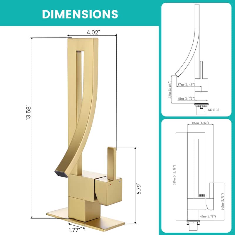 13.58"H Solid Brass Creative Design Bathroom Vessel Sink Faucet with Waterfall Spout