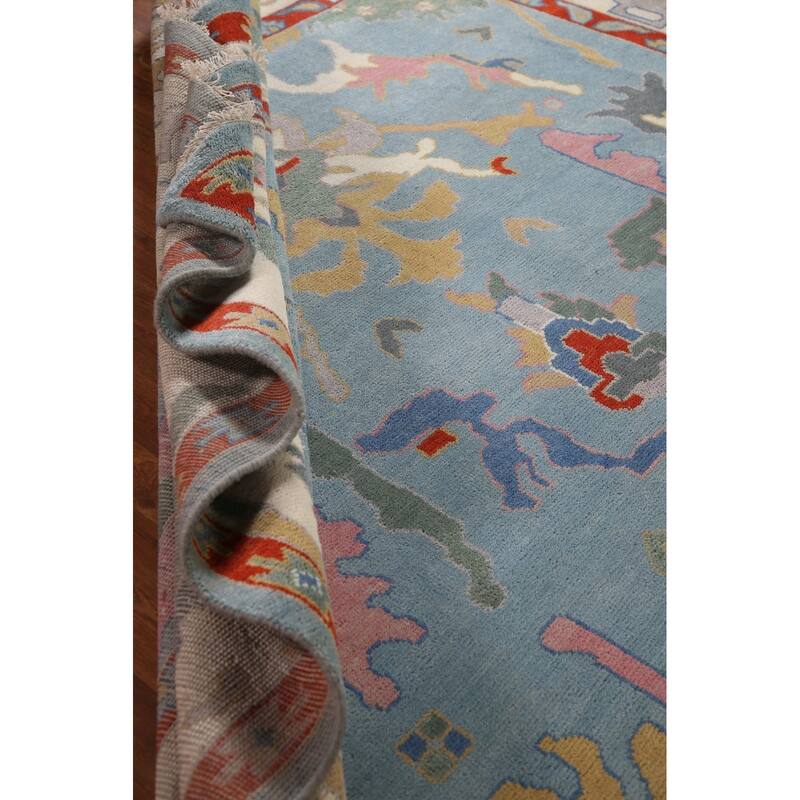 Light Blue Oushak Area Rug Hand-Knotted Floral Wool Carpet - 8'11"x 11'8"