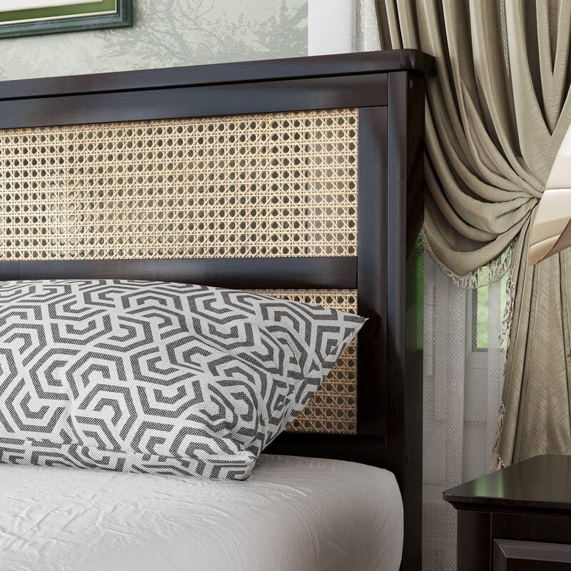 Roomfitters Queen Solid Rubber Wood Bed Frame with Rattan Headboard, Reinforced Support Feet Platform Design, Espresso