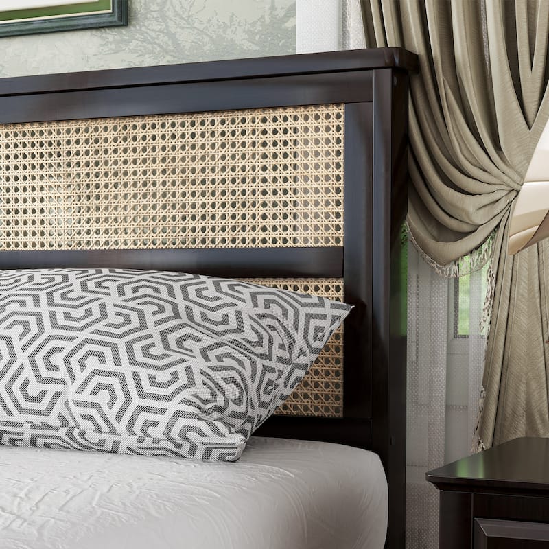 Rubber Wooden, Solid Wooden Bed with Rattan Headboard, Enhanced by Support Feet