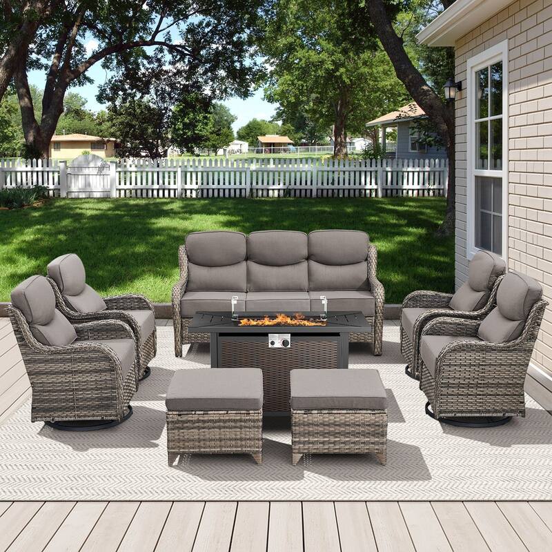 Arcadia 8-Piece PE Wicker Patio Seating Set with Durable All-Iron Fire Pit and 6-Inch Cushions