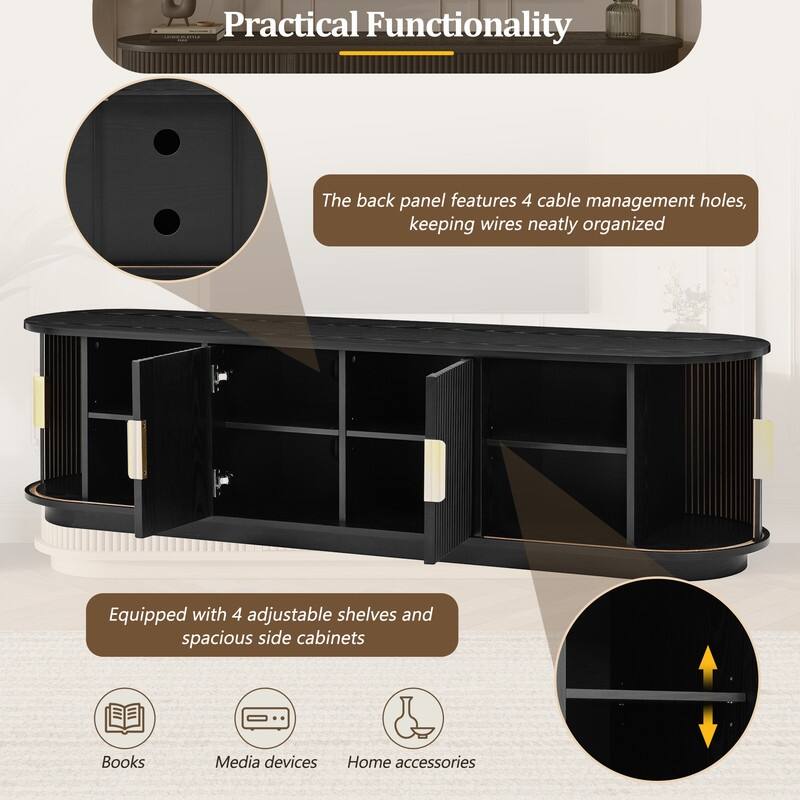 Farmhouse TV Stand with Sliding Tambour Door for 75-Inch TVs, Fluted Media Console with Adjustable Shelves and Golden Handles