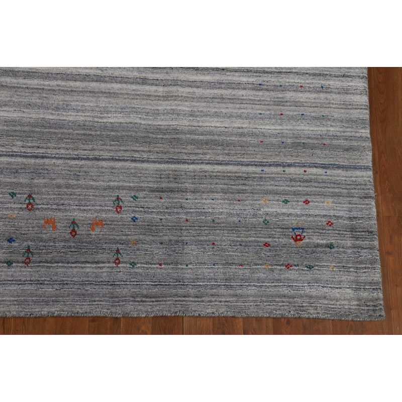 Hand Knotted Oriental 100% Wool Carpet Tribal Stripe Greys & Charcoal Gabbeh Area Rug - 9' 10'' X 8' 1''