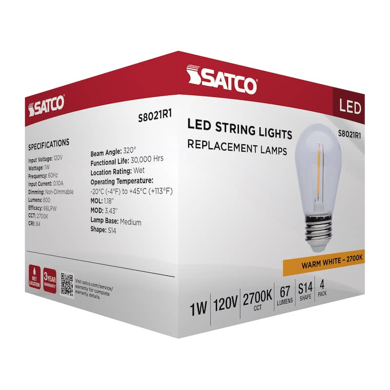 S14 LED String Light Replacement Lamp Medium Base 2700K Clear 4-Pack
