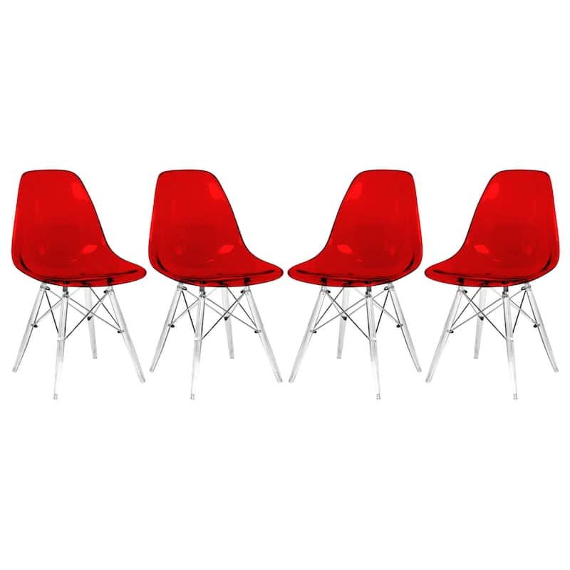 LeisureMod Dover Molded Side Chair with Acrylic Base, Set of 4 - Red - 36 x 32.4 x 16.25