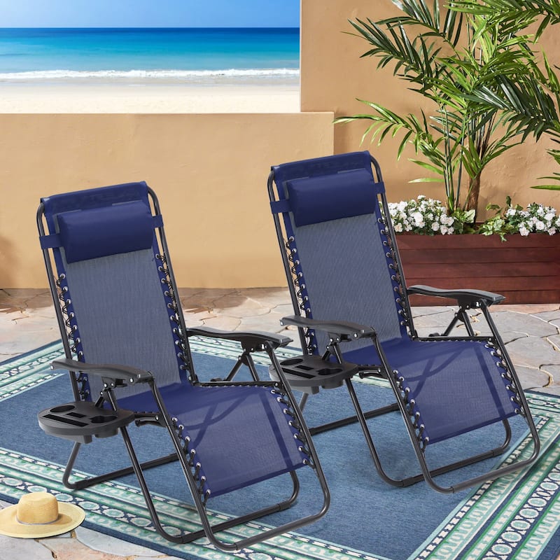 Zero Gravity Lounge Chair Set of 2 – Outdoor Folding Recliners with Cup Holder, Adjustable Headrest, Weather-Resistant Fabric - Blue