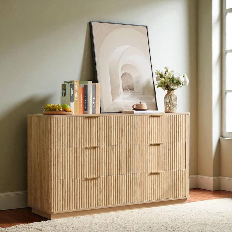 Modern 6 Drawer Dresser with Wave Front Design, Wide Storage Chest and TV Stand, 55" Wooden Organizer Cabinet