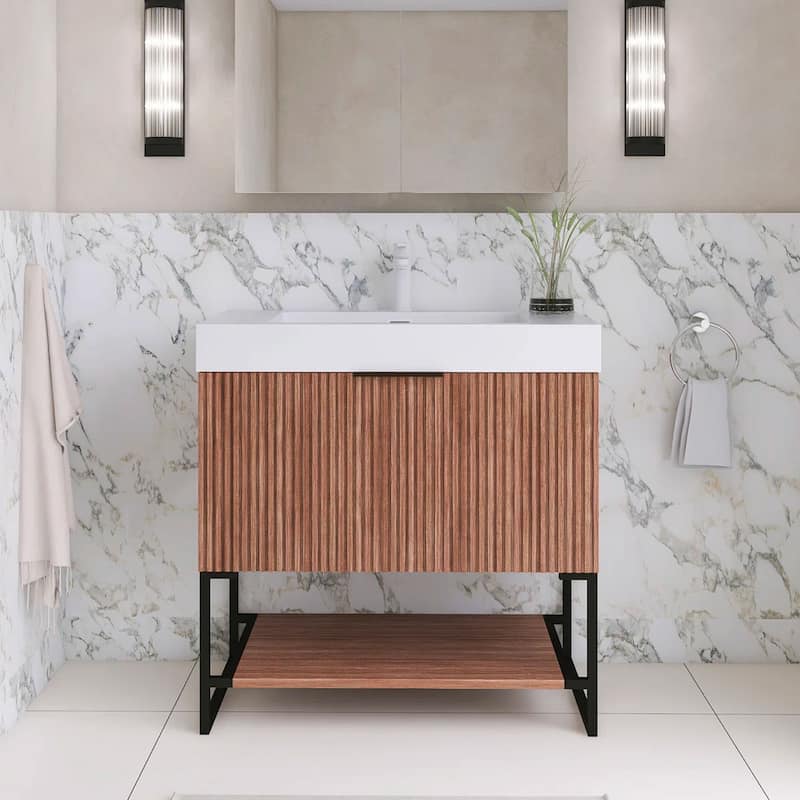 Freestanding Bathroom Vanity with White Integrated Solid Surface Sink