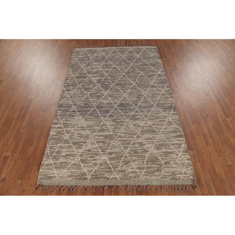 All-Over Trellis Moroccan Oriental Area Rug Handmade Beige Wool Carpet - 5'8"x 9'6"