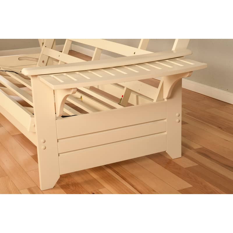 Somette Phoenix Futon Set in Antique White Wood with Innerspring Mattress and Storage Drawers