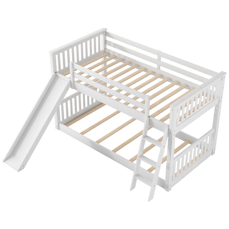 Floor Bunk Bed with Convertible Slide and Ladder, Wood Bunk Bedframe with Full-Length Guardrail Space-saving Low Bunk Bed