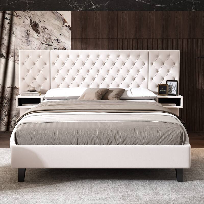 Low-Profile Platform Bed, Modern Velvet Upholstered Bed, Diamond Tufted Headboard Wingback Bed with 2 Nightstands Storage Bed - Beige - Queen