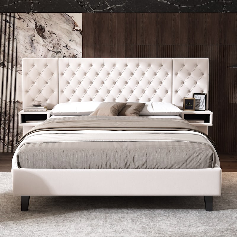 Modern Velvet Upholstered Platform Bed with 2 Nightstands