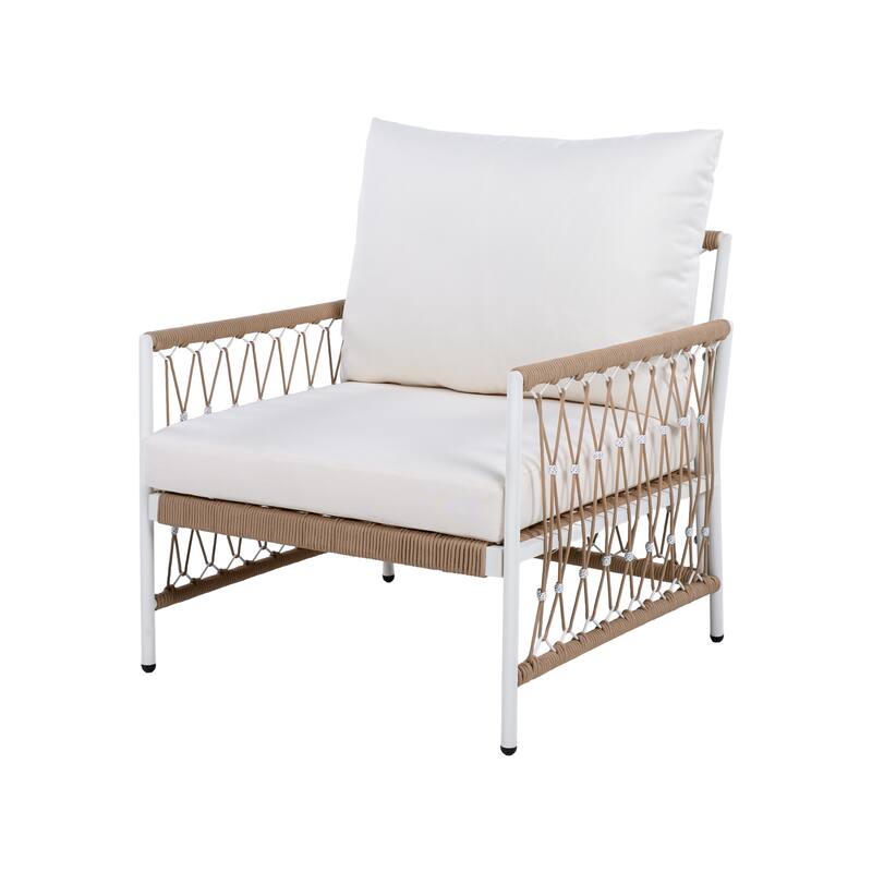 Set of 2 Bohemian Outdoor Lounge Chairs with Waterproof Cushions Handwoven Accent Armchair with Steel Frame for Patio, Poolside