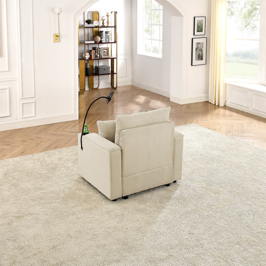 Modern Armchair Lounge Chair with Storage Space, Accent Chair Sofa Chair with Two Cup Holders & A Phone Holder, Set of 2