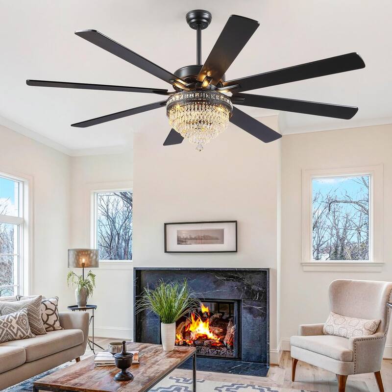 Kviflon 52"/62" Modern Crystal Chandelier Ceiling Fan Light,Reversible Airflow,E12 Bulbs,for Living Room Bedroom,Kitchen,Patio - 72 Inches-DC Motor - Black