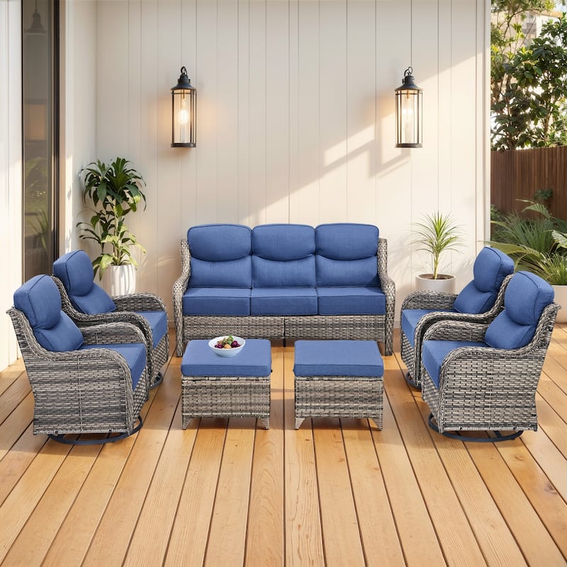 Gymojoy 7-Piece Patio Furniture Set with Swivel Glider Chairs, 6-Inch Ultra-Plush Cushions & Water-Resistant Olefin Fabric - Grey Wicker / Blue Cusion - 7-Piece