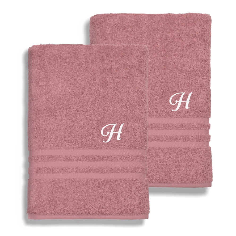 Authentic Hotel and Spa Omni Turkish Cotton Terry Set of 2 Tea Rose Bath Towels with White Script Monogrammed Initial