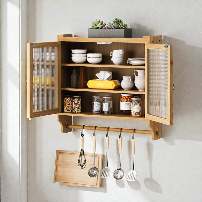 24.8" Vintage Wall Cabinet with Glass Double Doors, 3-Tier Storage and Towel Rack, Solid Wood Bathroom Kitchen Cabinet