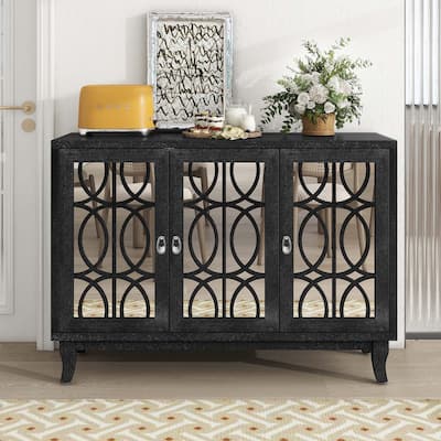 Sideboard with Glass Doors and Silver Handle for Living Room