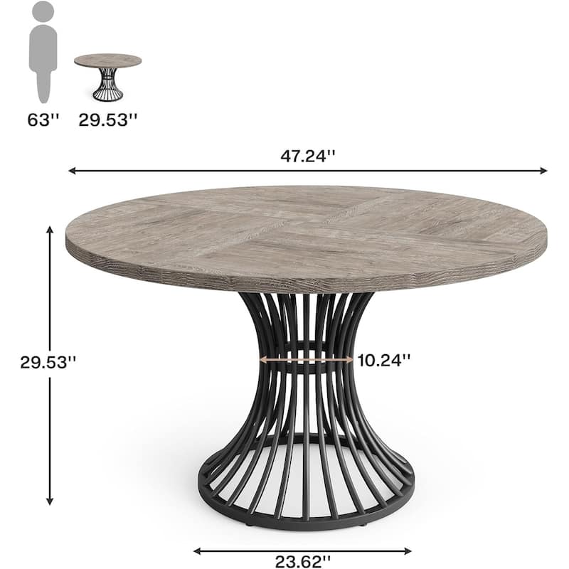 47" Farmhouse Round Dining Table for 4-6 -Industrial Dinner Table with Hourglass Metal Pedestal Base (Table Only)