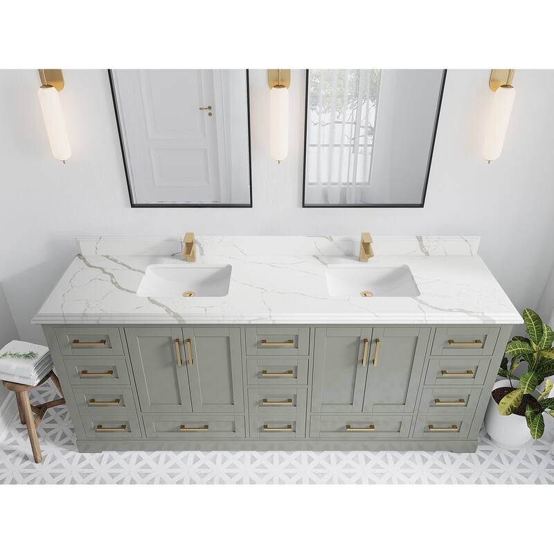 Willow Collection 84 in W x 22 in D x 36 in H Boston Double Bowl Sink Bathroom Vanity with Countertop - 1.5"Calacatta - Evergreen