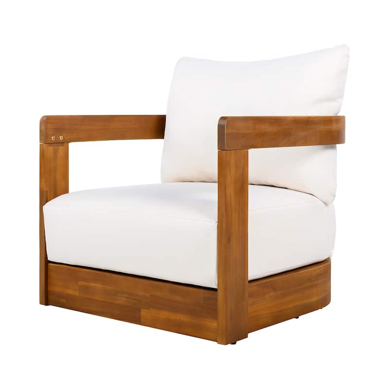 Roomfitters Outdoor Club Chair, Premium Acacia Wood Patio Furniture with Curved Tub Design and Cushions, Beige+Teak