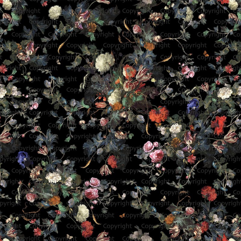 Dark Botanical Blooming Floral Wallpaper Mural - Black - W:204" x H:110"