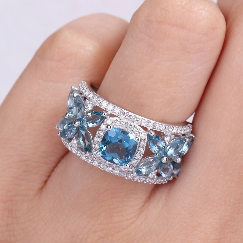 Miadora 14k White Gold London-Blue Topaz and 1/2ct TDW Diamond Floral Anniversary Band Ring
