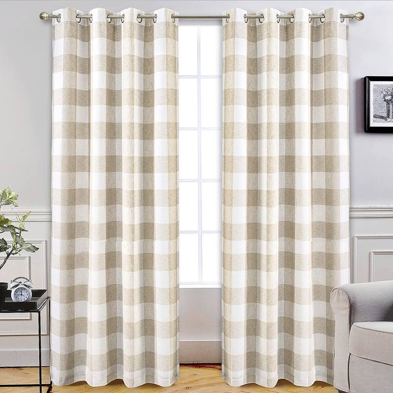DriftAway Buffalo Check Woven Plaid Pattern Lined Blackout Thermal Insulated Window Curtain - 52" Width X 96" Length - Taupe